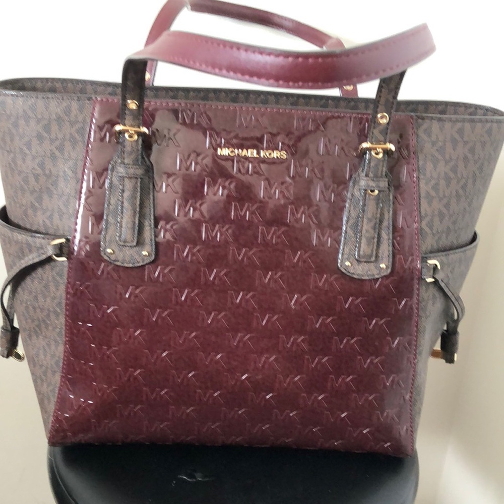 Michael Kors Red and Brown Tote with Embossed Pattern